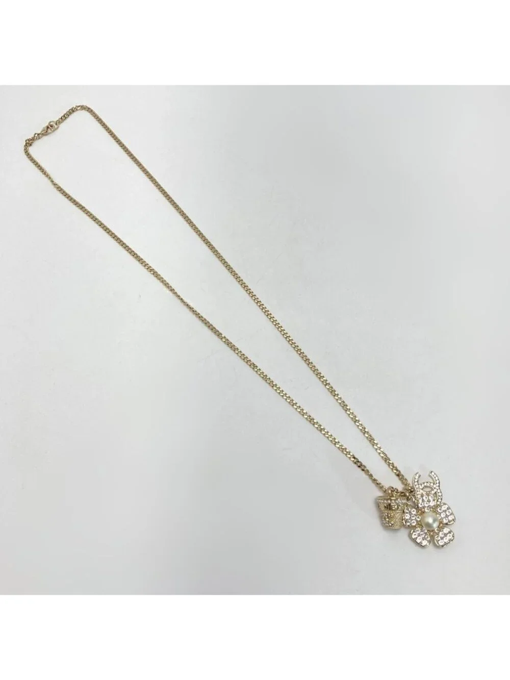 Chanel Coco Mark Flower Necklace B23 S Gold GP Rhinestone Faux Pearl